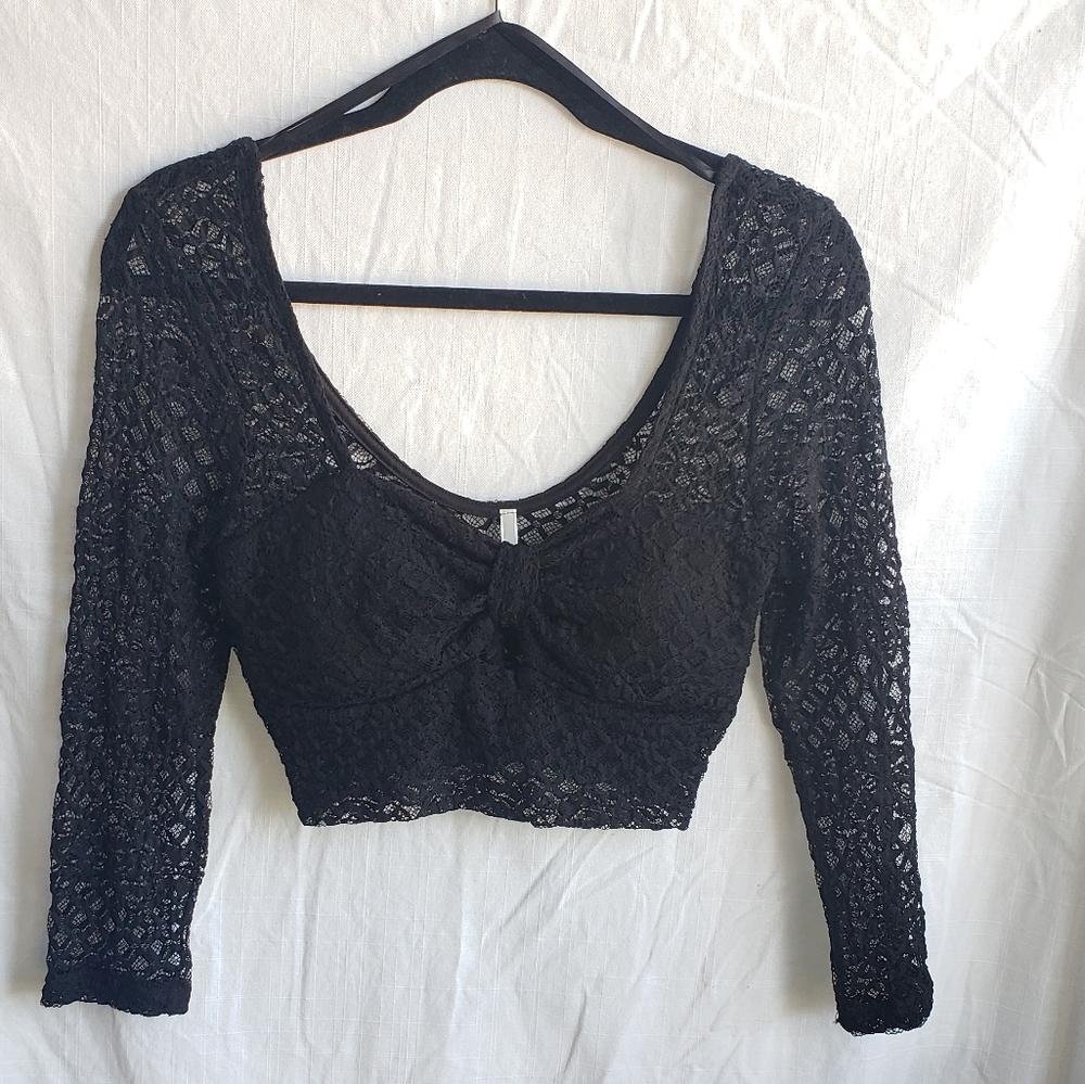Alt. B Black Crochet Crop Top with 3/4 Sleeves